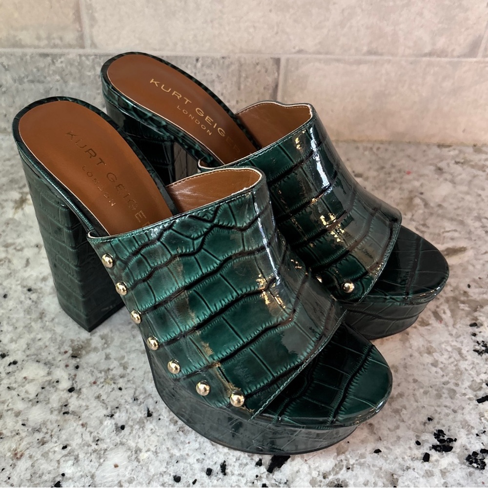 Kurt Geiger Emerald Green Croc-Embossed Platform Block Heel Mules